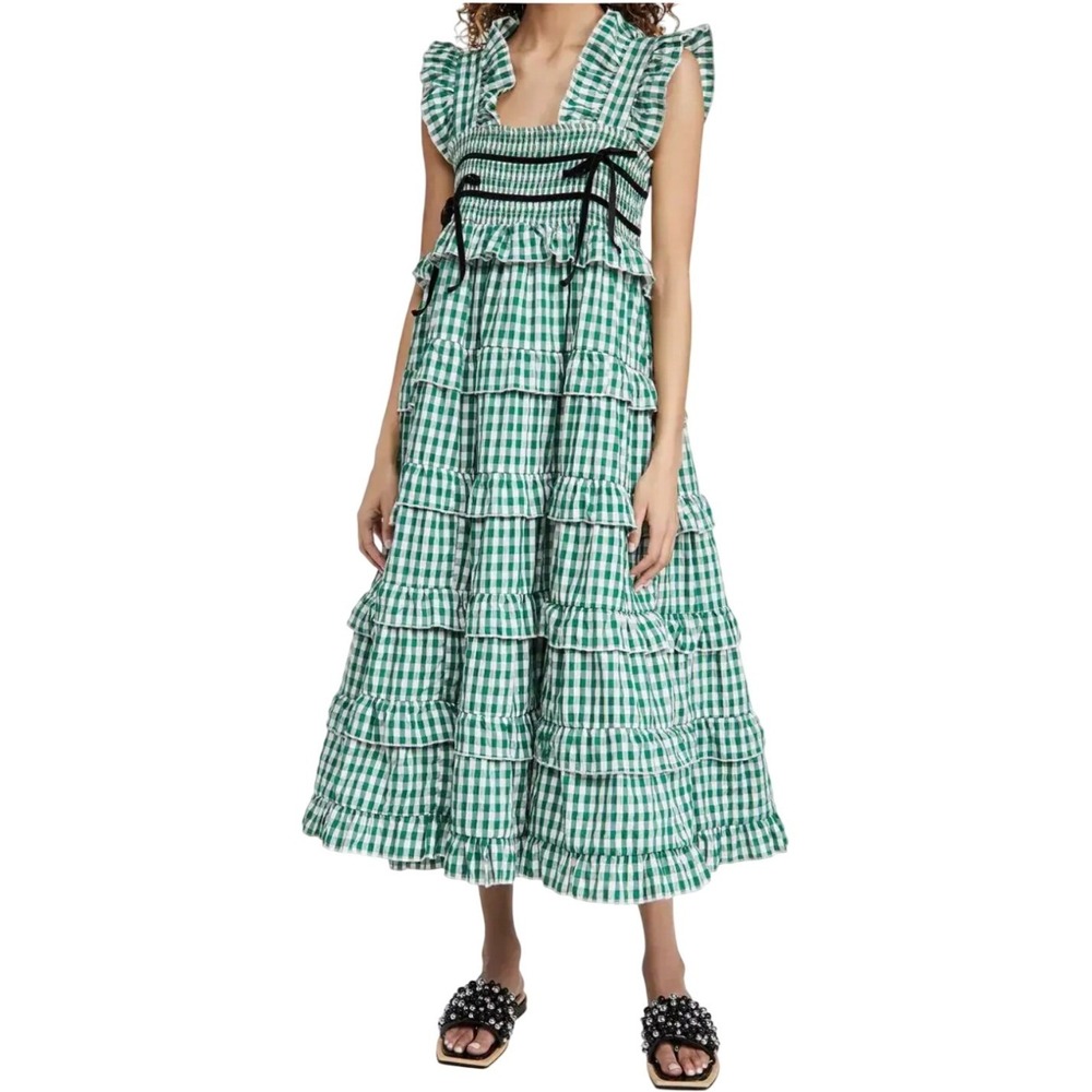 Dream Sister Jane Green Gingham Smocked Tiered Midi Dress Ruffle Bows Medium